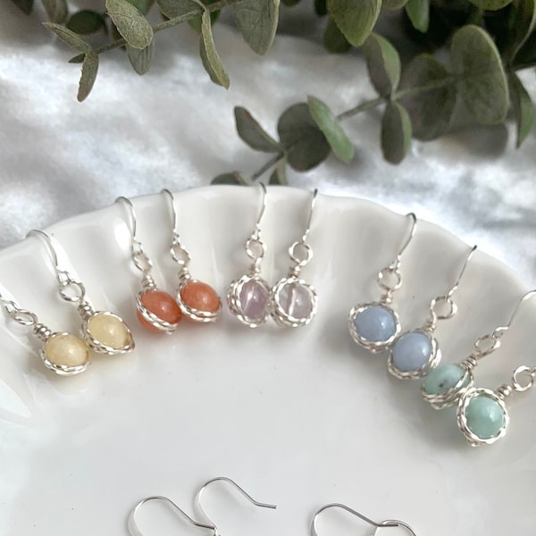 Personalized Wire Wrapped 8mm Crystal Dangle Earrings | Custom Healing Crystal Earrings | Stone Drop Earrings 925 Sterling Silver Jewelry