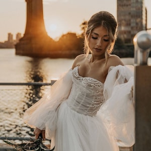 Bridal gown with corset and sleeves custom made off white wedding dress