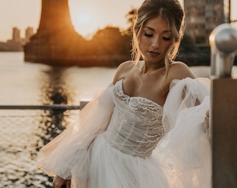 Bridal gown with corset and sleeves custom made off white wedding dress