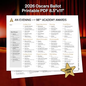Puede incluir: Una boleta de los Premios Oscar 2026 imprimible en formato PDF, de 21,6 cm x 27,9 cm. La boleta presenta categorías como Mejor Película, Mejor Actor y Mejor Actriz de Reparto, con una nota para letra más grande.