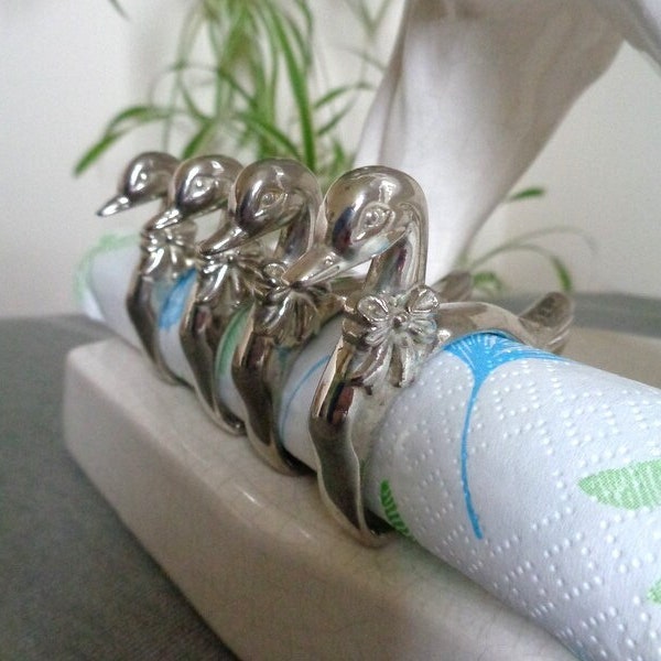 Four Vintage French Napkin Rings. Silver Plated Serviette Rings. Regal Swans with Bow Tie. Charming Dinner Table decor.