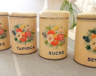 4 boîtes métalliques vintage françaises avec couvercles. Pots de rangement pour la cuisine. Conception d'anémones et de faisans dorés. Déco maison de campagne shabby chic