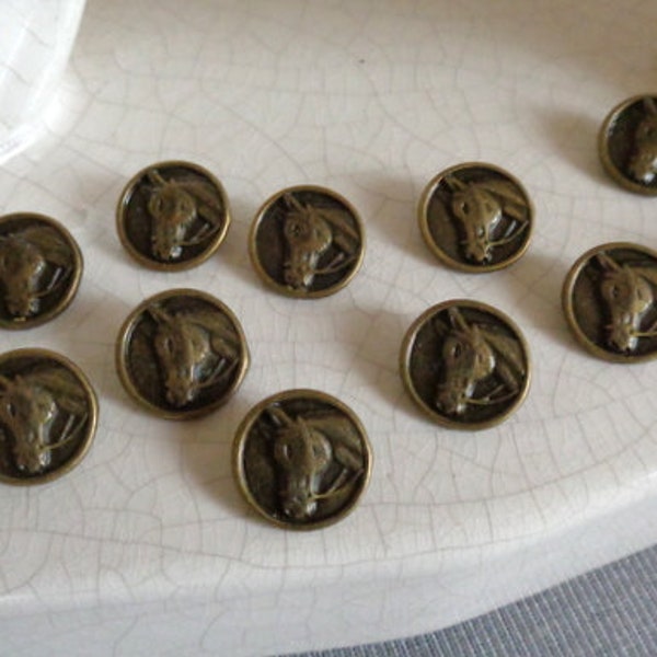 TWELVE Vintage French Hunting Buttons with Horse Head Motif. 12 Small Embossed Brass matching set. Size 0.59" (1.5cm)