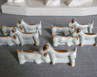 FIVE Vintage French Knife Rests. Ceramic Porte Couteaux. Two Terrier Dogs. A lovely, fun table setting for any occasion