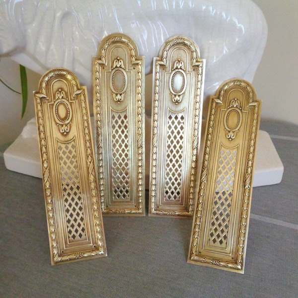 FOUR Antique French Door Push Plates. Brass Finger Plaques with Intricate Pierced Cut Fretwork. Reclaimed Furnishing. Very Chateau Chic!