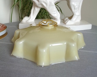 Vintage French Glass Light Shade with Metal Gallery. Original Art Deco Ceiling Pendent Light Shade. Hand Made. Circa 1930