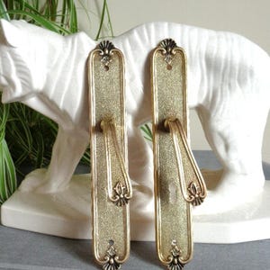 May include: Two rectangular brass door handles with a textured finish and ornate decorative detailing at the top and bottom. Each handle features a curved lever and a vertical backplate with screw holes, while one plate includes a keyhole cutout.
