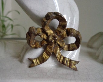 Antique French Picture Hook Cover. Gilded Bronze Cache Clou. Pretty Bow Ribbon Design. 1.75" x 1.75"  Elegant Shabby Chateau Chic Nostalgia