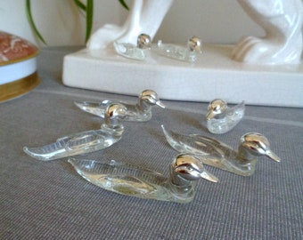 SEVEN Vintage French Knife Rests. Glass / Silver Plated Porte Couteaux. Sophisticated Ducks. Cutlery Rests Table setting for any Occasion.