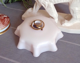 Vintage French Glass Light Shade & Brass Gallery. Original Art Deco Ceiling Pendent Light Shade. Delicate Baby Pink. Hand made. 1930s