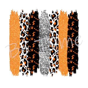 May include: Digital clipart featuring five vertical stripes in a repeating pattern of orange glitter, black and white leopard print, silver glitter, black and white leopard print, and orange glitter. The stripes have a rough, brushstroke effect.