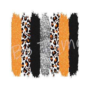 May include: A digital design featuring five vertical stripes in a repeating pattern of orange glitter, black leopard print, silver glitter, black leopard print, and orange glitter. The stripes are painted with a brushstroke effect.