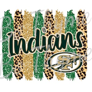 May include: Green, gold, and brown digital art with the word "Indians" and a green and gold logo with the letters "SF".