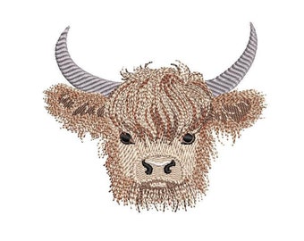 May include: Embroidered design of a Highland cow head with brown fur, a white muzzle, and large, curved horns.