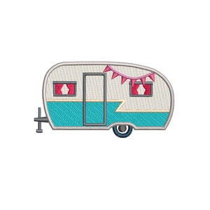 May include: A vintage-style camper with a teal body, white roof, and red windows. A pink bunting hangs above the camper.