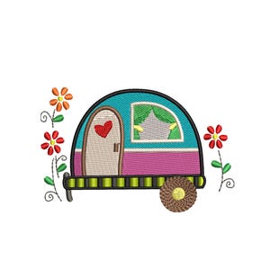May include: A turquoise and pink camper with a heart on the door and a window with a star. The camper is surrounded by red and orange flowers.