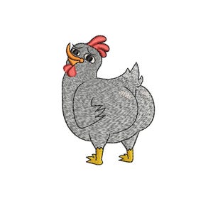 Op de afbeelding: Een cartoonillustratie van een grijze kip met een rode kam en gele poten. De kip kijkt naar links en heeft een licht verbaasde uitdrukking.