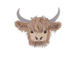 May include: Embroidered design of a brown Highland cow head with long, fluffy hair and horns. The cow has a black nose and black eyes.