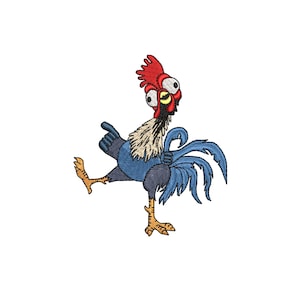 Puede incluir: Un gallo de dibujos animados con ojos grandes, una cresta roja y plumas azules. El gallo está de pie sobre una pierna y tiene la otra pierna levantada en el aire.