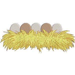 May include: A nest of straw with five eggs, two brown and three white.