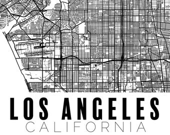 May include: Black and white street map of Los Angeles, California. The map shows the city's street grid and major roads.