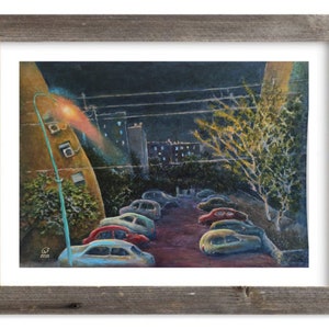 Het Landschap van de Stad van de nacht met Lantaarn, 20 * 14 Origineel Blauw Olieverfschilderij op Karton, Vriendschappelijk Gift.
