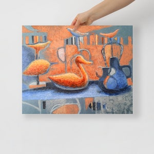 Birds Poster, Abstract still life, Blue-Orange Composition.