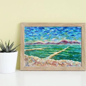 Paisaje del Mar Muerto, Pintura al óleo original sobre cartón, Paisaje marino azul-verde-lila, Pintura colorida texturizada expresiva.