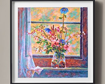 Giclee Fine art Print, Flowers on the Window Poster, Flores azules, rosas y blancas.