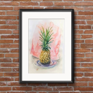 Pineapple on a Blue Plate Original Painting, Watercolor  Realistic Still Life, Gift for an Art Lover.