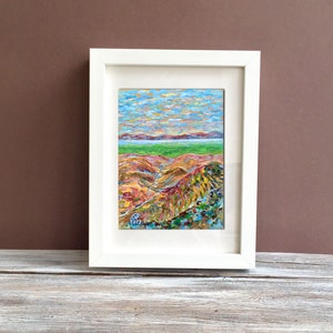 Pintura al óleo original del Mar Muerto, colorido paisaje expresivo, pintura impasto 3d.