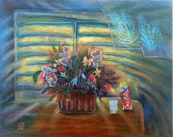 Bouquet on the Window Original Painting, Flowers Window Art, ,Mixed Painting Technique, Gift for You.