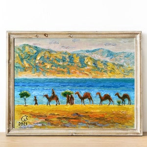 Pintura al óleo de la costa del Mar Muerto, paisaje colorido 3D, paisaje marino azul dorado, arte de aguas tranquilas.