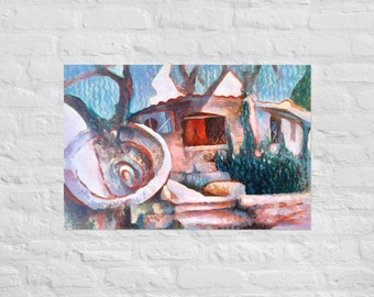 Abstract Nostalgic Landscape, Art Print Poster, Orange and Green Modern Landscape.