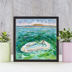 Isla de Sal en el Mar Muerto, Paisaje del Mar Muerto, Colorido paisaje marino 3D, Pintura al óleo original, Paisaje marino esmeralda, Arte de aguas tranquilas.