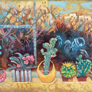 Cacti on the Window Original Painting, Abstract Landscape, Mixed Painting Technique, Flowers Window Art,