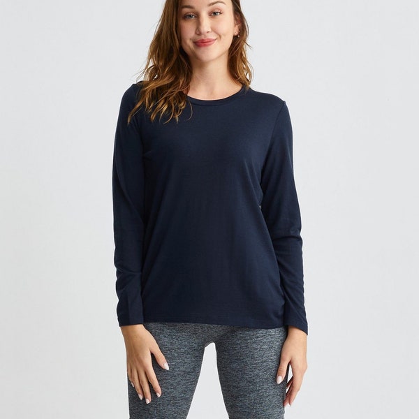 Women’s Long Sleeve Shirt, Crewneck Sweatshirt, Organic Merino Wool Pull Over, Fall Sweater, Ladies  Lounge Wear, Sustainable Clothing, Navy