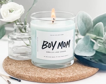 Boy Mom Candle, Driftwood Scented, Smells Like Chaos, Soy Inspirational for Mothers, Perfect for Home, 12oz Clear Jar, 60 Hour Burn Time