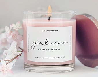 Girl Mom Candle,  Smells Like Sass, 100% Soy Blend, Lavender Scent, Gift for New Moms, Shower, Mothers Day, Clear Jar, 60 Hr Burn, USA Made