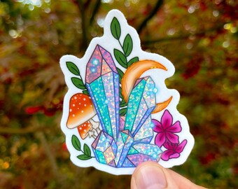Cristales y Mushies / Pegatina troquelada de vinilo impermeable holográfica