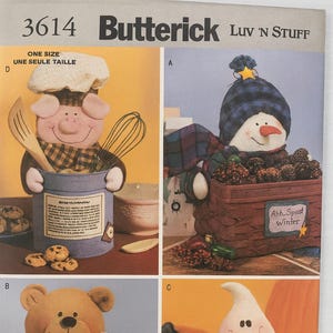 May include: A craft pattern image with four designs: a pig chef, a snowman, a teddy bear, and a ghost, each in a container. The image includes the text "Butterick Luv 'N Stuff" and "One Size".