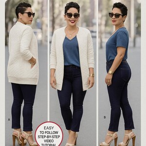 Könnte beinhalten: Ein Simplicity-Schnittmusterpaket mit einer Frau, die drei verschiedene Outfits trägt. Die Outfits umfassen eine gesteppte Jacke, ein blaues V-Ausschnitt-Oberteil und dunkelblaue Jeans. Das Paket enthält den Text "Easy to follow step-by-step video tutorial."