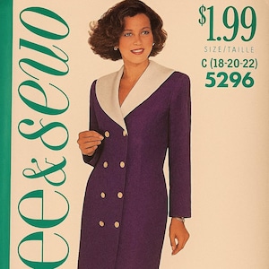 以下が含まれることがあります： 紫色のドレスを着た女性が写っているヴィンテージの裁縫パターン。白い襟と金色のボタンが付いています。「See & Sew」とラベルされ、価格は1.99ドル、サイズ情報も記載されています。