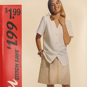 May include: A woman wearing a white short-sleeved button-down shirt and a beige skirt. The image has text that says "Easy Stitch Save" and "$1.99". The woman is smiling and wearing brown shoes.