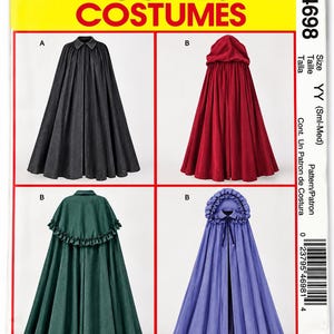 May include: McCall's Costumes M4698 sewing pattern envelope featuring four cloak variations. Includes a black collared cloak, a red hooded cloak, a green caped cloak with ruffled trim, and a purple hooded cloak with a ruffled edge and ribbon tie.