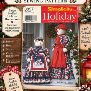 May include: A Simplicity Holiday sewing pattern envelope for a snowman and teddy bear with clothing. The cover features a photo of a stuffed snowman and bear wearing dresses, hats, and scarves. Text includes Christmas Snowman & Teddy Bear.