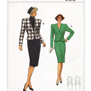 May include: A vintage sewing pattern titled "Very Easy Very Vogue" with the number 9658. The pattern features illustrations of two women in suits: one in a black and white plaid jacket and black skirt, and the other in a green suit. The size range is 8-10-12.