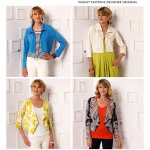 May include: Vogue Patterns V9190 March Tilton sewing pattern for a collection of four cropped jackets. The pattern envelope displays four variations: a blue drawstring jacket, a cream tie-front jacket, a yellow floral jacket, and a patterned jacket.