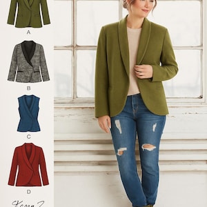 May include: Simplicity pattern 8468 features a green blazer, a gray blazer, a blue vest, and a red blazer. The image shows a woman wearing a green blazer and blue jeans. The pattern is designed and printed in the USA.