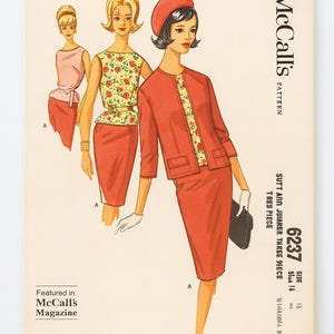 May include: Vintage McCall's sewing pattern featuring three women's fashion illustrations. The designs include a skirt suit, a jumper, and a three-piece ensemble. The pattern is size 14 and is featured in McCall's Magazine.